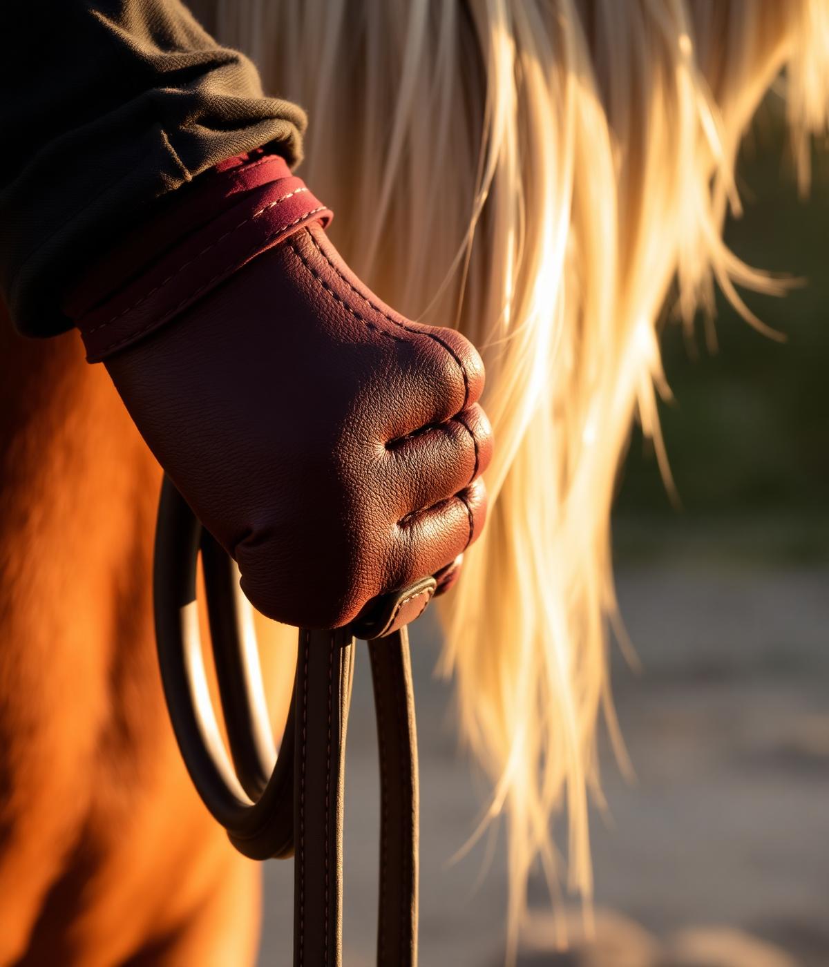 Close-up of leather reins and riding gloves