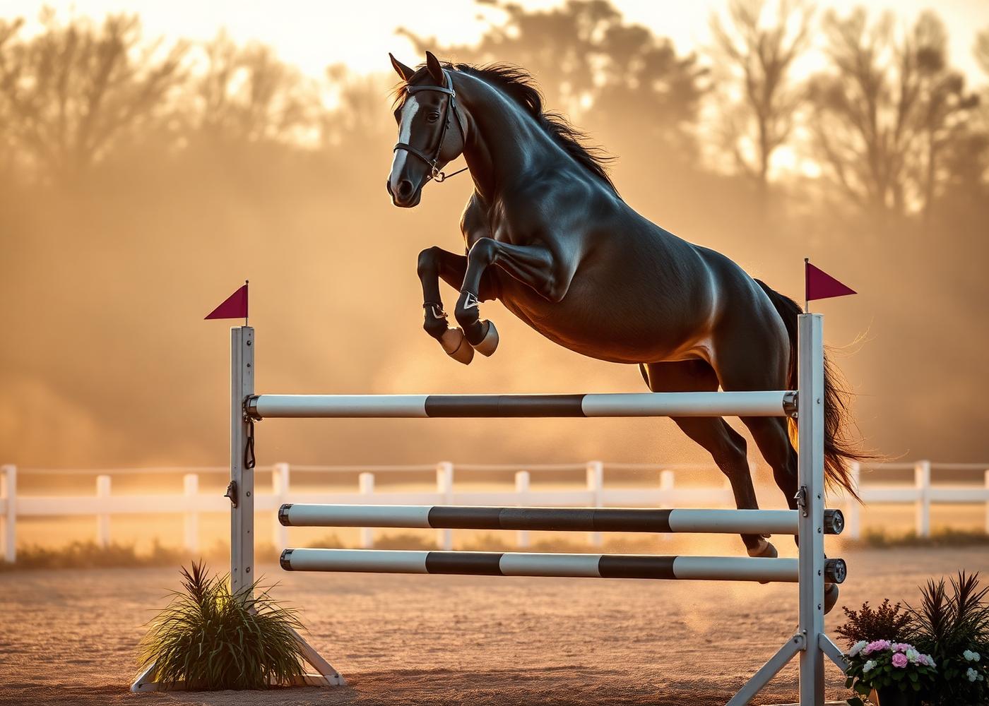 Horse jumping an obstacle at golden hour